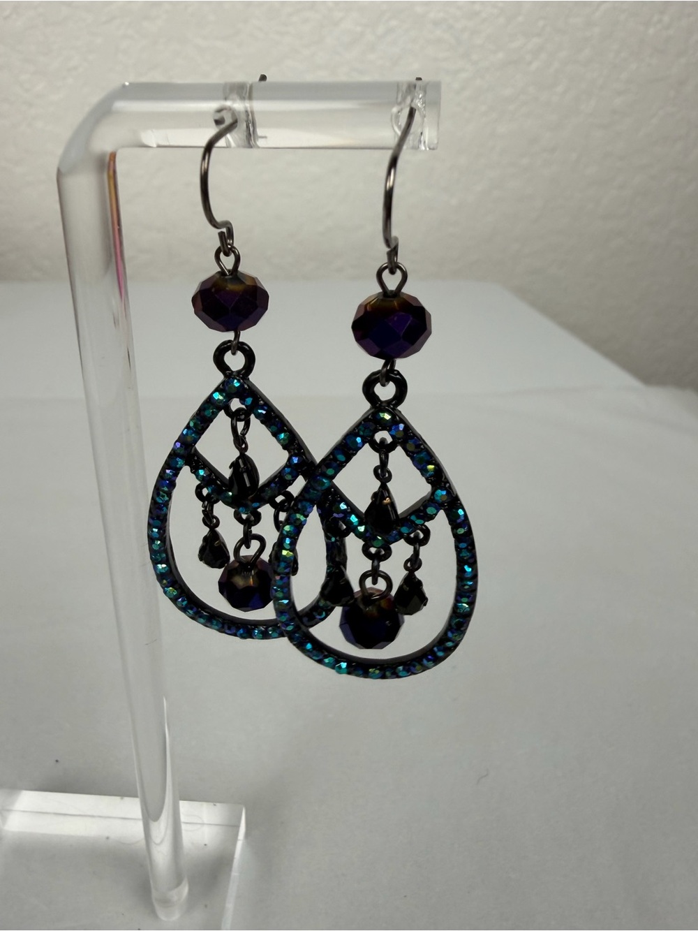 Blue Teardrop Dangle Earrings with Iridescent Accents